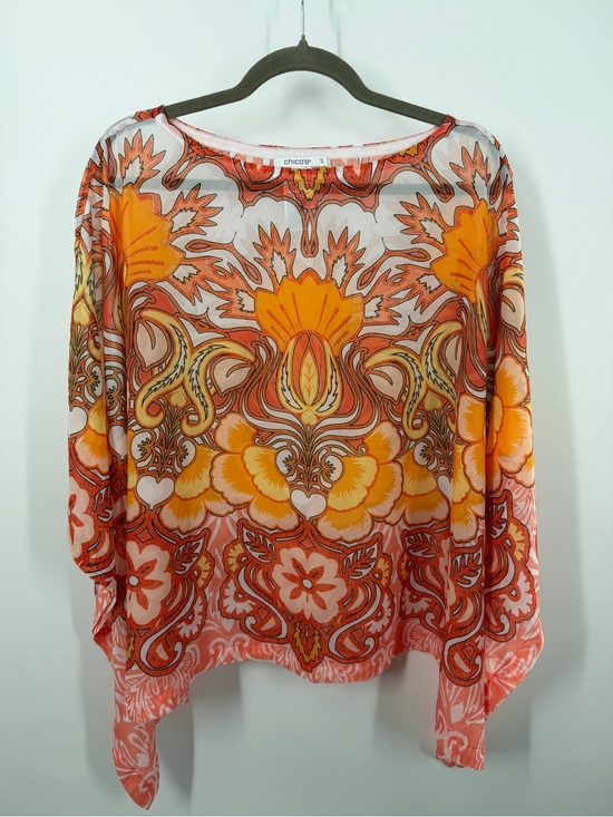 Chico's Tops - Chico’s Orange and White Floral Paisley Poncho
